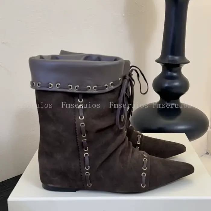 Femmes mi-mollet bottes Style de mode bout pointu plat bottines en cuir à lacets larges bretelles él