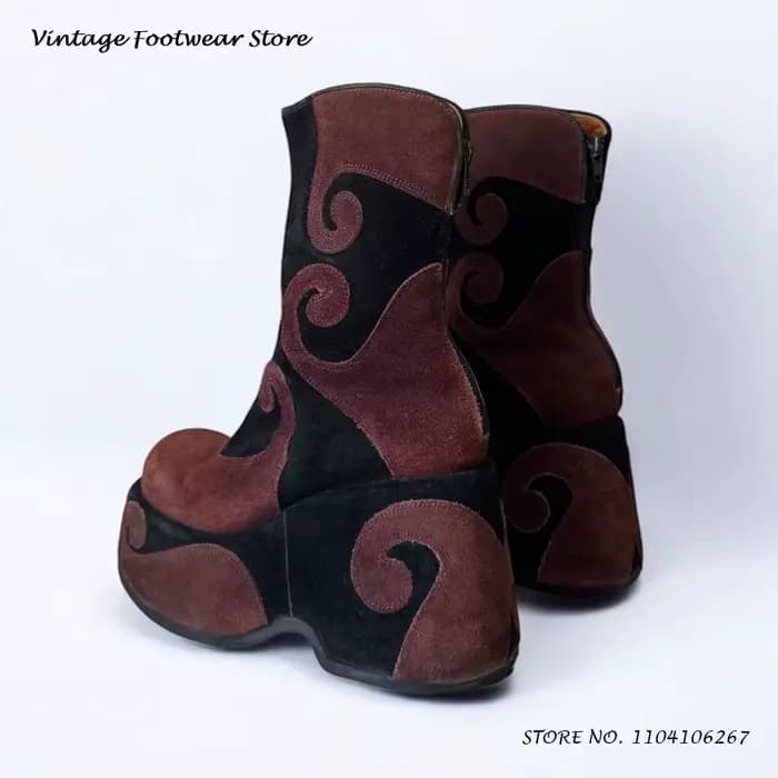 Bottines à plateforme en cuir suédé tourbillonnant, chaussures Vintage à bout rond, grande taille, S