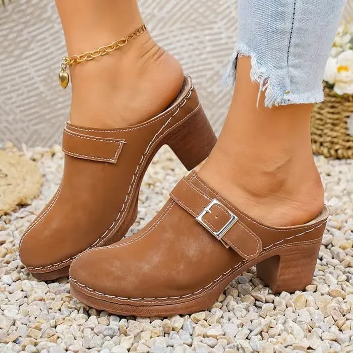 Mules à enfiler pour femmes, à talon carré et bout rond, style vintage décontracté, avec détails de