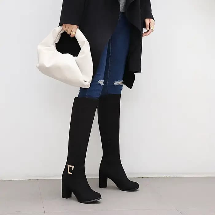 Bottes Respirées en Daim de Vache à Talons Optiques, Longueur au Genou avec Structure en Métal, Cuir