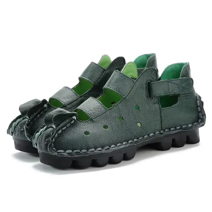 Sandales d'été en cuir pour femmes, chaussures à fond souple, personnalité plate, sandales rétro déc