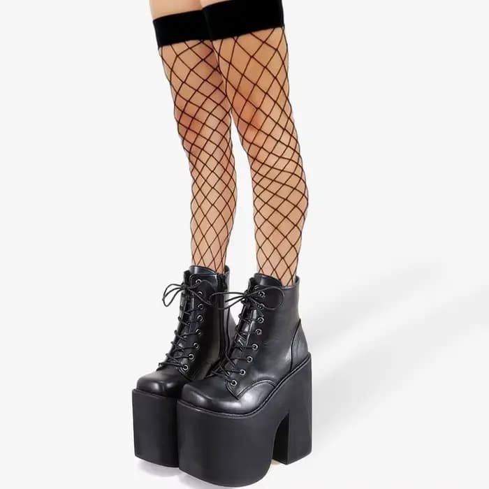 Gdgydh femmes Y2K Style bottes courtes bout fermé à lacets plate-forme bottes talons hauts épais mod