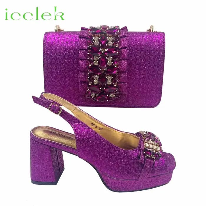 Ensemble de chaussures et de sacs à bout pointu pour femmes, brillant, mode italienne, talon, décora