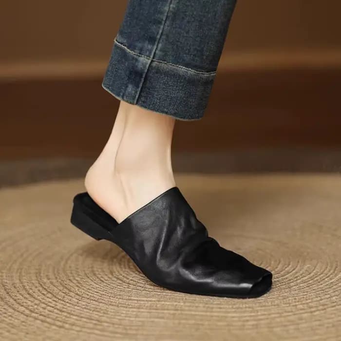 Mules pour femmes, chaussures d'extérieur, pantoufles à bout carré fermé, en cuir de vachette, style