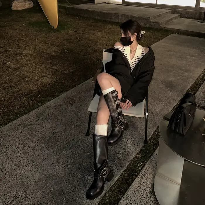 Bottes de moto à plateforme haute pour femmes, cuir souple vintage, bottes de chevalier en cuir marr