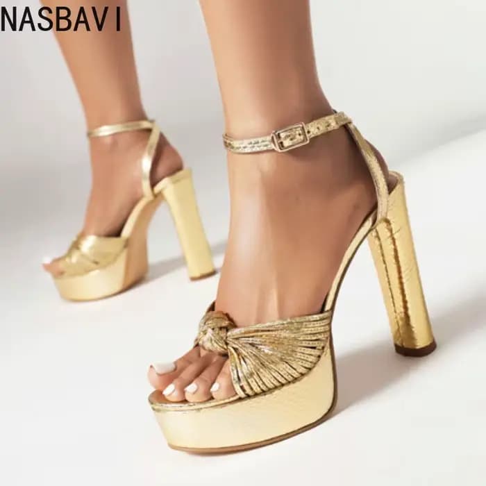 NASBAVI femmes bande étroite sandales or plate-forme sandale 12 cm semelle épaisse talons hauts dame