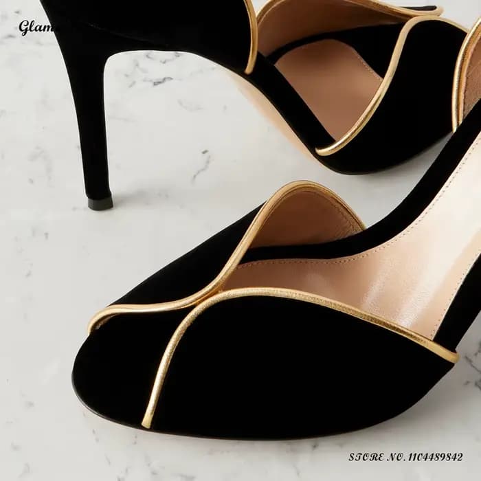Escarpins en velours avec garniture en cuir doré pour femmes, chaussures de soirée à bout rond et ta