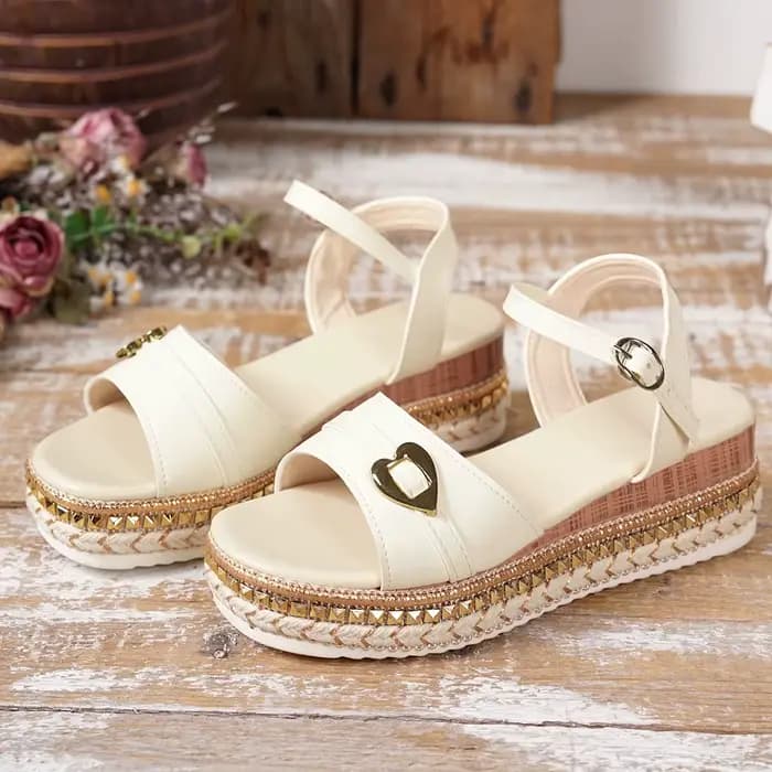 Sandales compensées vintage à bride cheville pour femme, été 2026, avec boucle métallique, semelle é