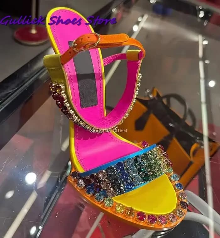 Sandales scintillantes en cristal coloré pour femmes, chaussures à talons hauts, pantoufle à une san