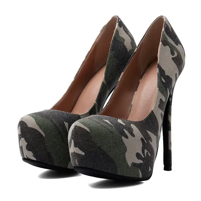 Escarpins à plateforme en toile camouflage à talon aiguille, bout rond, à enfiler, pour femme, impri