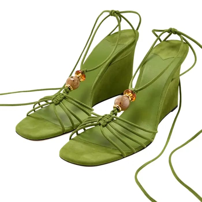 Sandales compensées en daim vert/marron/doré pour femmes, sexy, à lacets, talons hauts, de luxe, pou