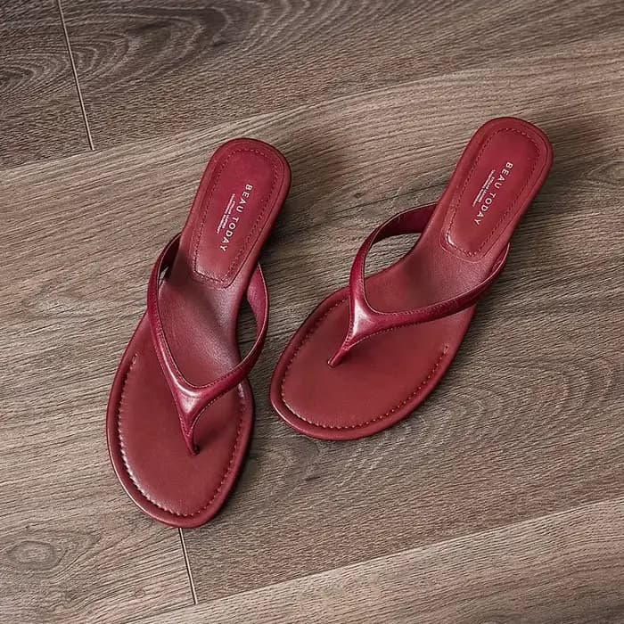 BEAUTODAY tongs décontractées femmes en peau de mouton en cuir t-strap bout ouvert pantoufles solide