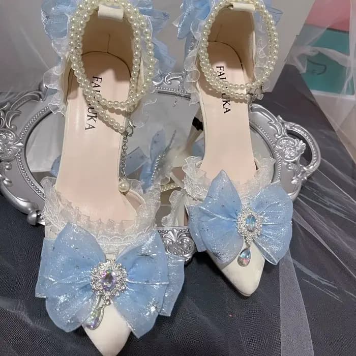 Chaussures à talons élégantes blanches et bleues pour femme, style Lolita Y2K, talons blancs, chauss