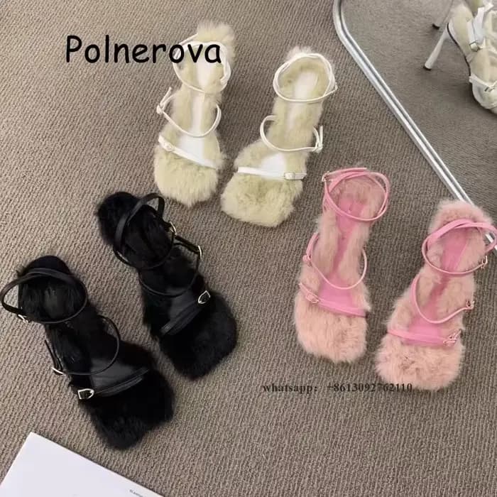 Sandales Parker Carrées en Fourrure pour Femmes, Talons Fins, Ceinture Un Mot, Conception Globale, S