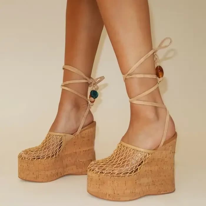 Plate-forme grille croix liée sandales Sexy ronde Slingback ceinture boucle nouveautés mode femmes c