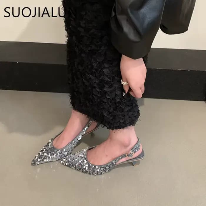 SUOJIALUN-Sandales Bling à Talons Pointus pour Femme, Escarpins à Enfiler, peu Profondes, Élégantes,