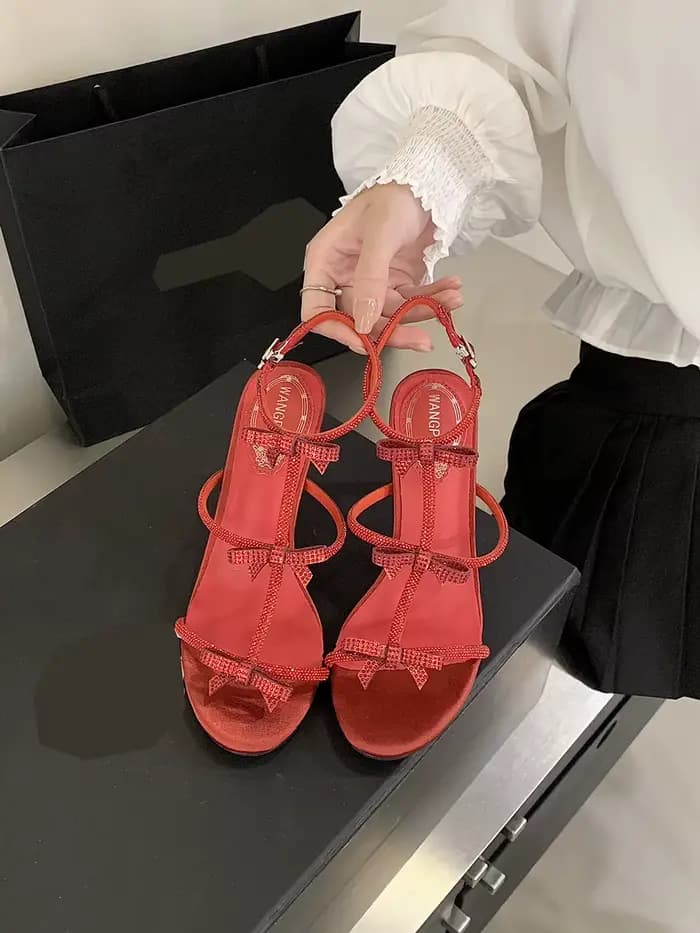 Sandales pour femmes à bout rond, design nœud, strass, chaussures habillées tendance, talons hauts f