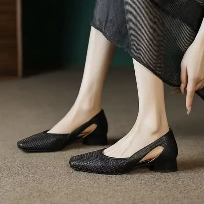 Escarpins en cuir souple à bout carré et talons bas, avec découpes latérales respirantes, sandales d