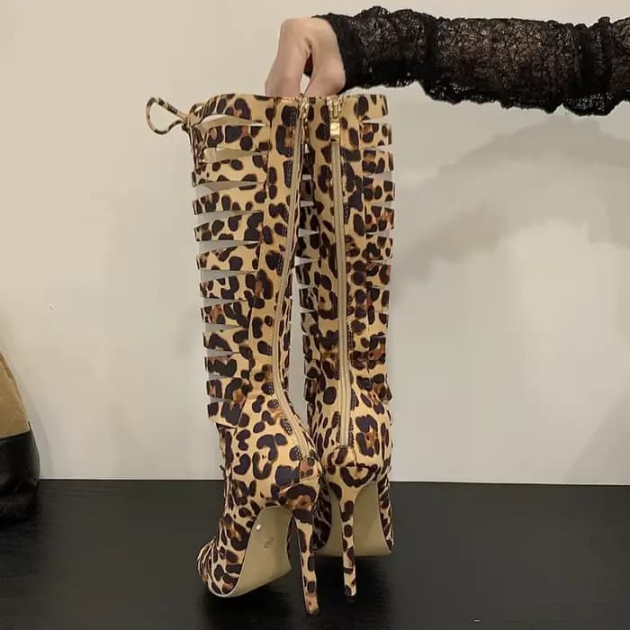 Aneikeh mode évider imprimé léopard concepteur Peep Toe femmes bottes sandales fermeture éclair minc