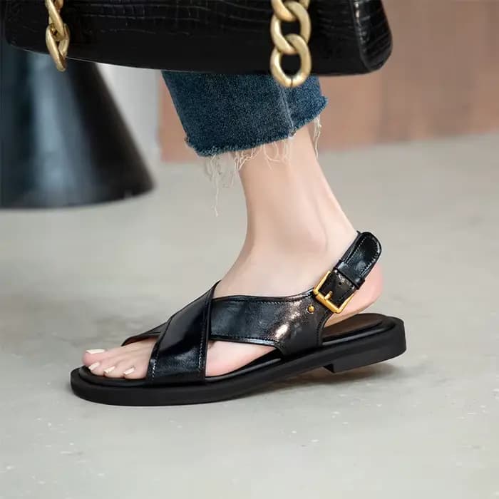 Sandales d'Été en Cuir group pour Femme, Chaussures à Talons Bas, Rondes, Simples, à la Mode, Solide