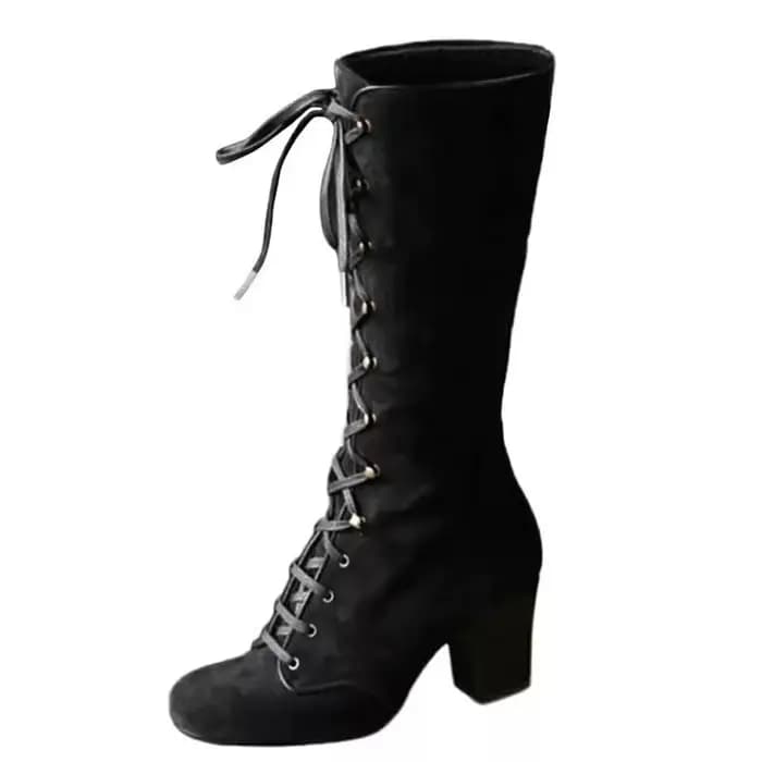 Bottes mi-mollet pour femme à talon épais et plat, style chevalier à lacets, rehaussantes, mode auto