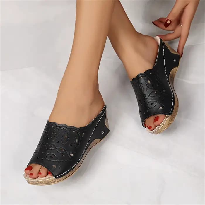 Sandales romaines en cuir évidées pour femmes, bouche de poisson, talon incliné, pantoufles à la mod
