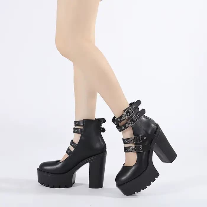 Gdgydh Style Goth femmes bloc talons pour Halloween mode boucle sangle robe pompes plate-forme Mary