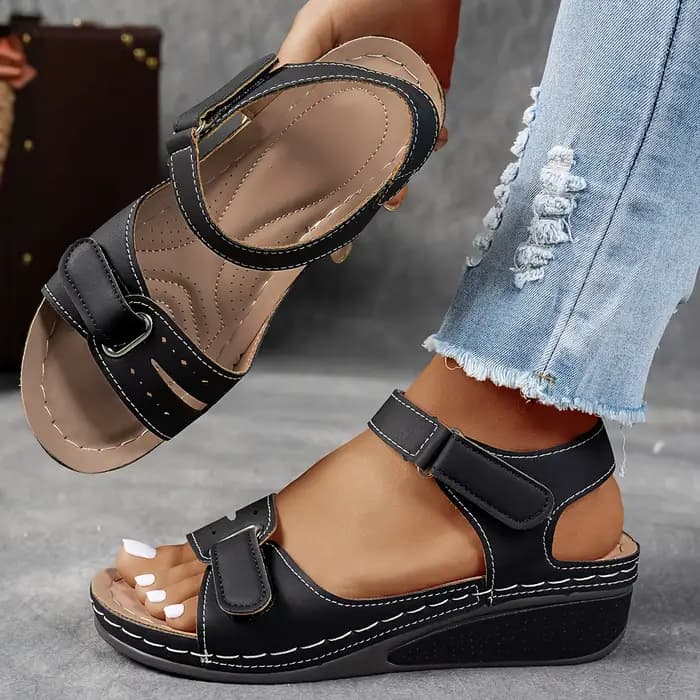Sandales compensées beiges pour femmes, chaussures confortables à plateforme et bout ouvert avec bri
