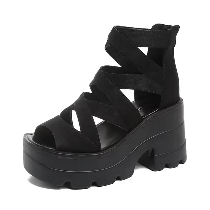 Sandales à talons carrés, nouvelle collection d'été, tête ronde ajourée en daim, fermeture éclair au