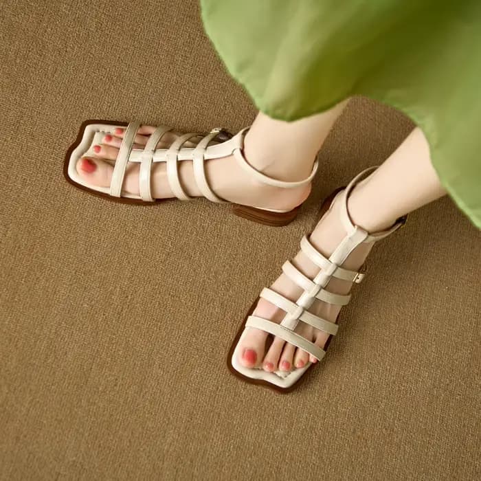 QUTAA 2025 femmes sandales chaussures Sexy bout rond fête en cuir talon bas été Slingback pantoufles