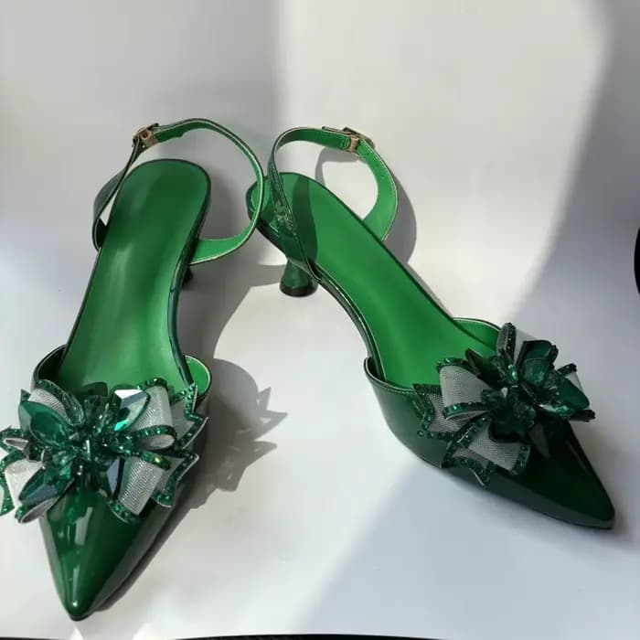 LNATISNOVA Sandales à talons aiguilles vertes en cristal pour femme - Sandales à talons aiguilles à