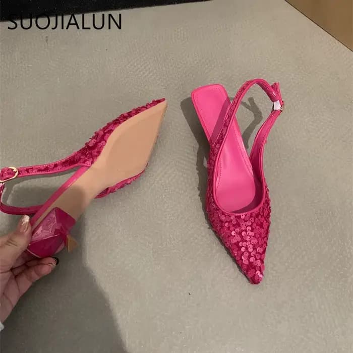 SUOJIALUN-Sandales Bling à Talons Pointus pour Femme, Escarpins à Enfiler, peu Profondes, Élégantes,
