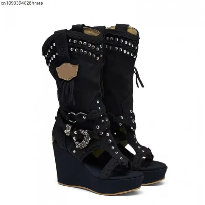 Sandales rétro pour femmes, marron, élégantes, à talon compensé moyen, style gothique, à boucle, bou