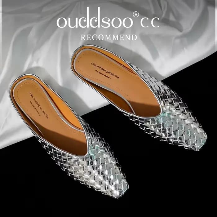 Mules de luxe Ods Gold Silver, pantoufles tissées, bout carré, talon plat, design à enfiler, chaussu