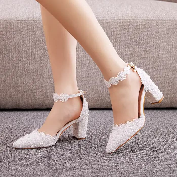 Chaussures de mariée à talons hauts carrés, bout pointu et fermé, avec bride de cheville, en cuir él