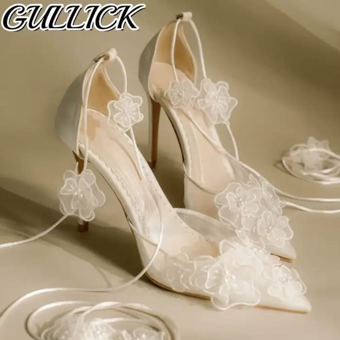 Sandales à talons en maille d'air pour femmes, chaussures de mariage élégantes à lacets peu profonds