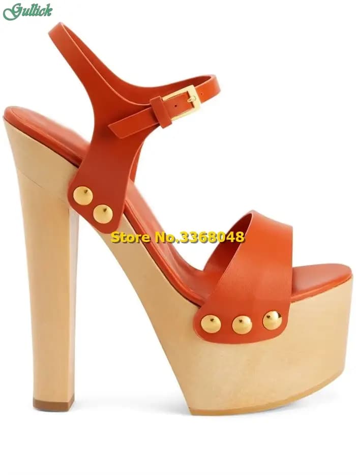 Sandales à plateforme à talons de nuit en bois, avec sangle de rinçage, ouvert, Parker, orange, cuir