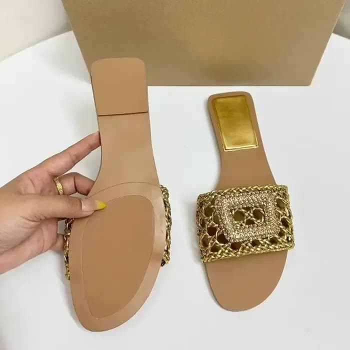 Sandales plates tissées dorées de haute qualité pour femmes
