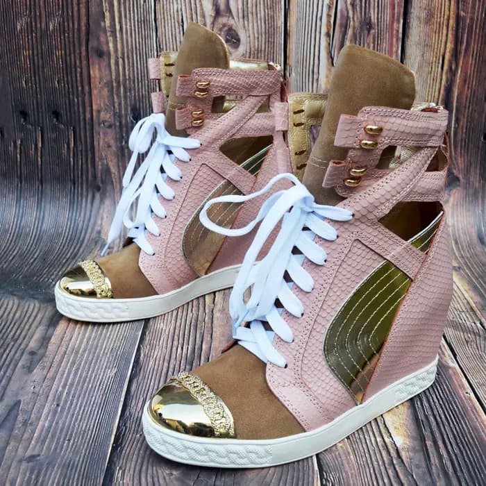 Métal doré orteil haut compensé Patchwork espadrilles décontractées femmes hauteur intérieure augmentée daim couleur