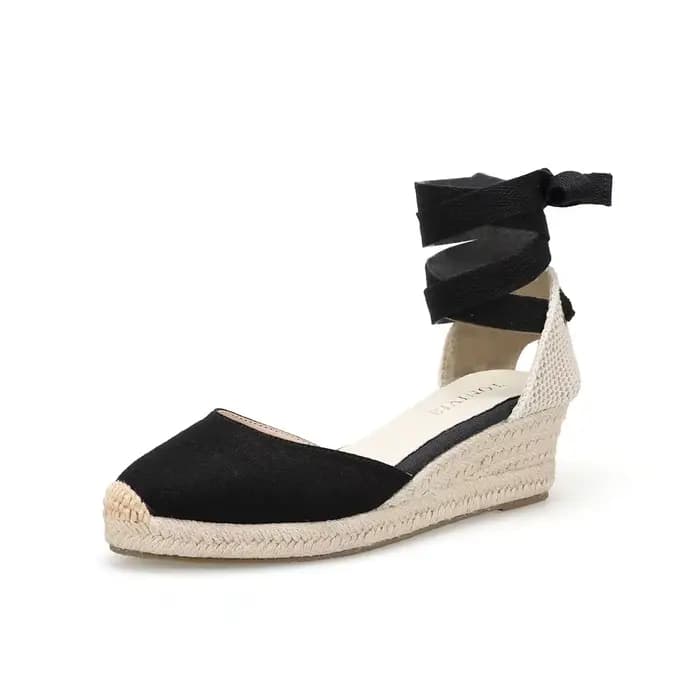 Chaussures compensées pour femmes, sandales à lacets, simples et élégantes, talon moyen, bride à la cheville, plateforme en Espadrille pour un été confortable