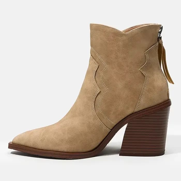 Talons en bois épais bottes femme chaussures en cuir solide bout pointu compensées Botas Feminina Cowboy cheville
