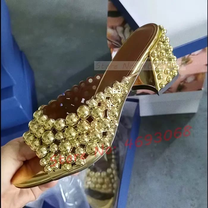 Pantoufles à talons bloc avec Rivets en métal doré pour femmes