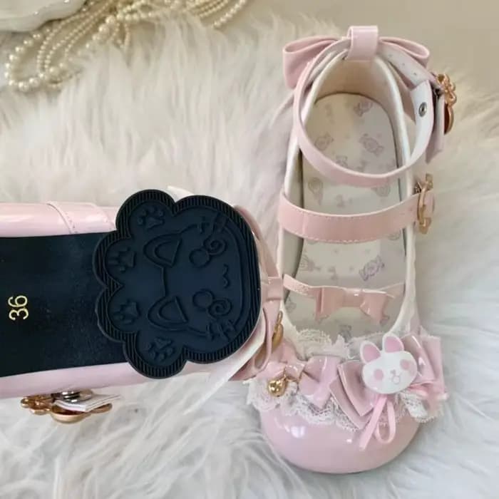 Jolies chaussures Lolita Mary Jane à talons avec nœuds lapin, dentelle et clochettes pour cosplay et goûters