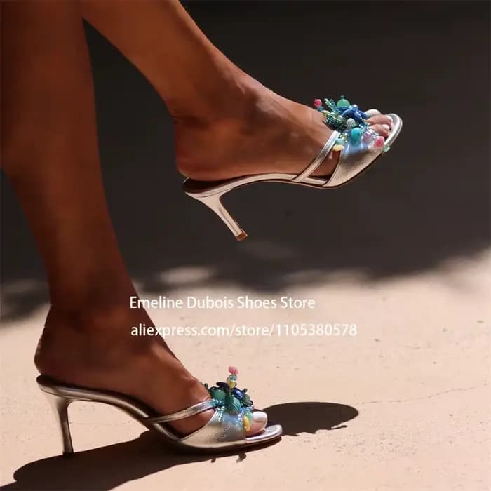 Sandales à talons hauts en forme d'étoile de mer et coquillage, mules à talons aiguilles perlées colorées, chaussures d'été pour femme pour la plage, les fêtes et les vacances