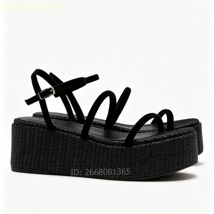 Sandales compensées à plateforme beige à fines brides, style espadrille, avec bride de cheville et bout ouvert, pour femme, chaussures décontractées d'été pour la plage et les vacances