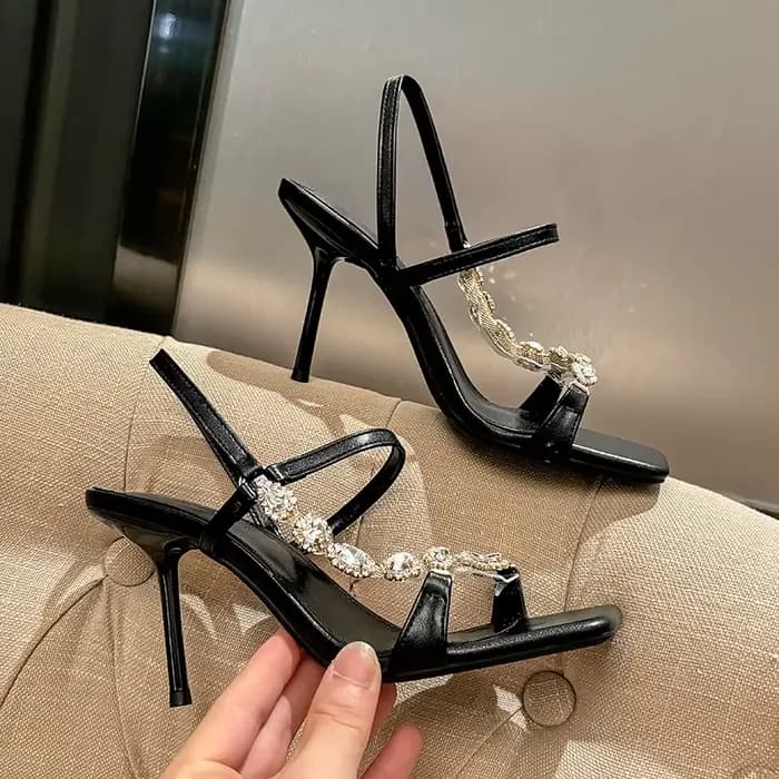 Sandales à talons hauts pour femmes élégantes bout carré embellissements de strass brillants