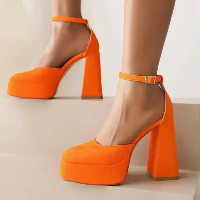 Sandales à talons hauts épais Orange rose bout carré Sexy dame fête mariage bride à la cheville pompes Mary Janes