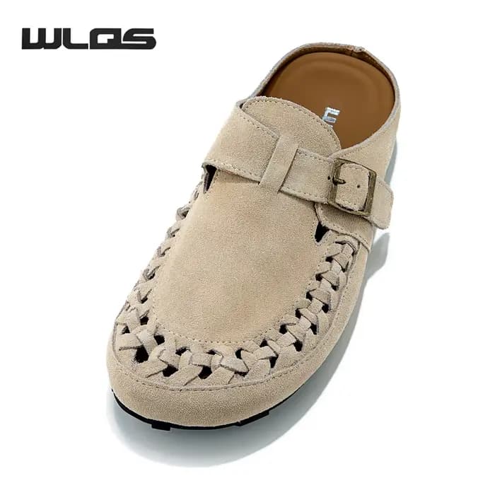 WLQS Mules en Daim Véritable Tressées pour Femmes, Sabots Vintage sans Talon avec Boucle Ajustable, Sandales d'Été Respirantes à Enfiler