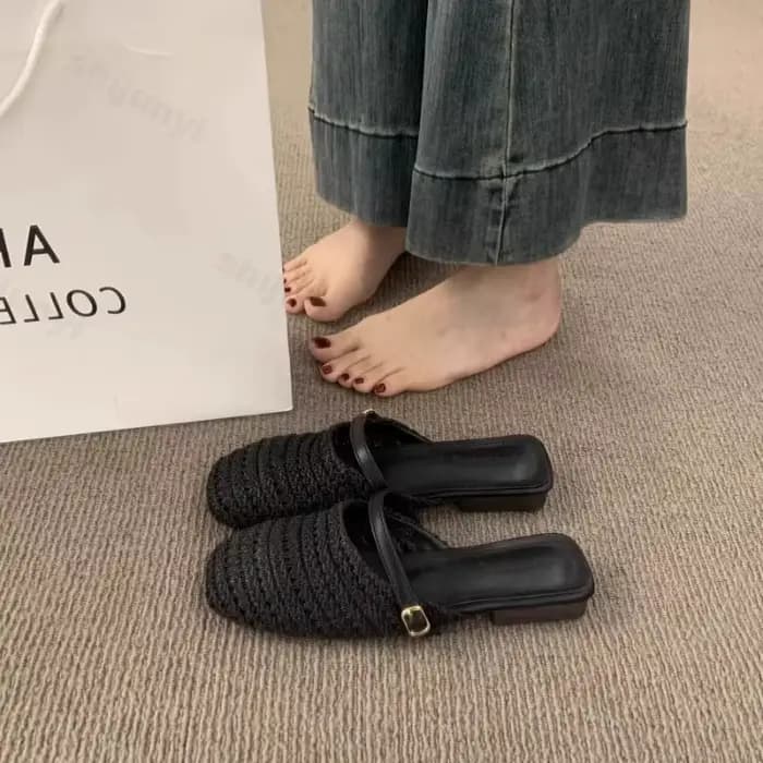 2025 été talon épais mode creux femmes orteil demi pantoufles confortable en plein air plage décontracté tissé Fesign sandales à talons compensés