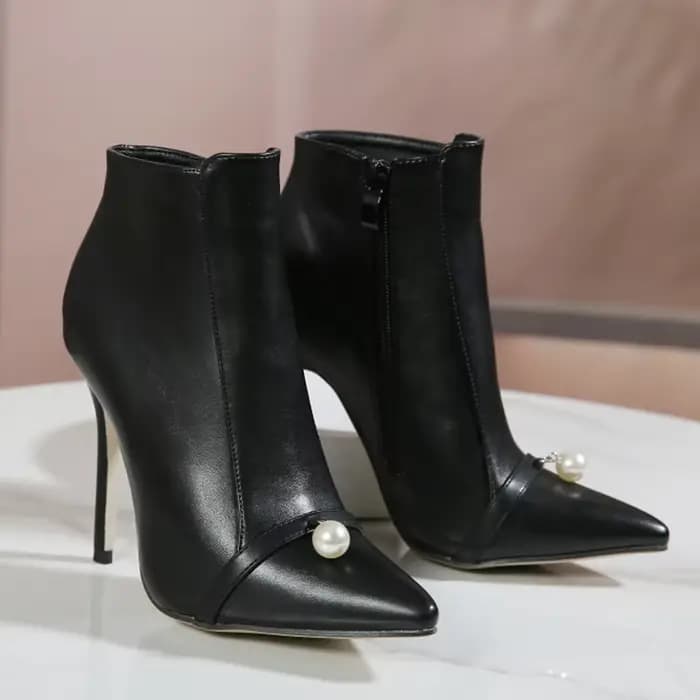 Bottines à talons aiguilles en perles pour femmes, chaussures courtes à bout pointu avec fermeture éclair latérale solide, nouvelle mode automne 2026, talons hauts fins en PU